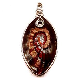 Pendant Handmade Black Abstract Swirl Design Metallic Glass Wire Wrap Accents